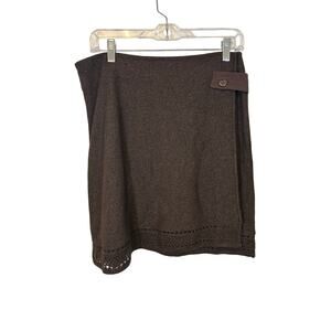 St. John Collection Brown Bouclé Wool Blend Crinkle Knit Pointelle Wrap Skirt M